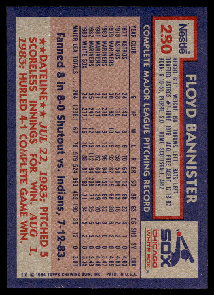 1984 Topps Nestle #280 Floyd Bannister Near Mint+ 