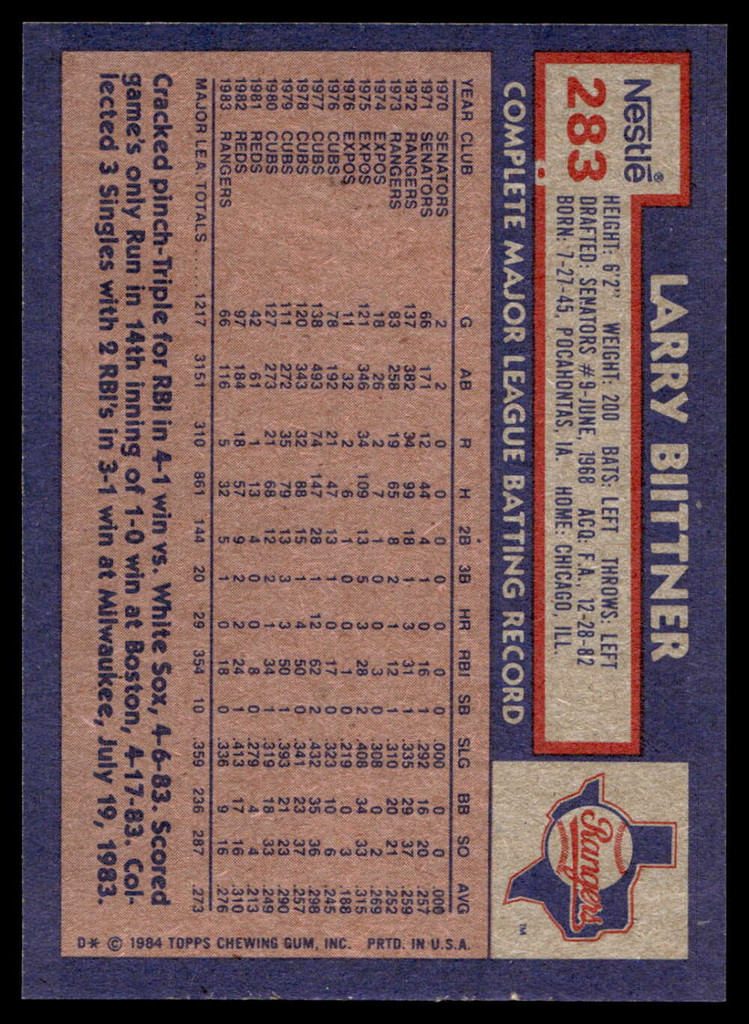 1984 Topps Nestle #283 Larry Biittner Near Mint+ 