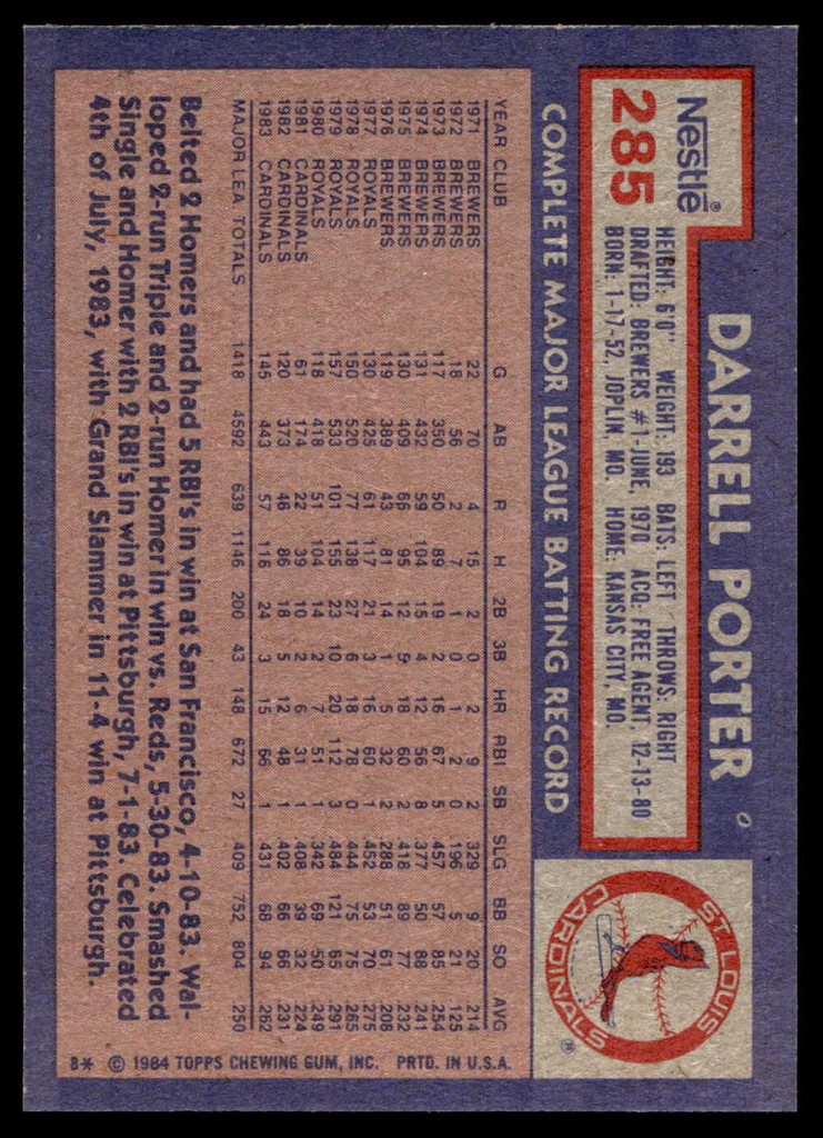 1984 Topps Nestle #285 Darrell Porter Near Mint+ 