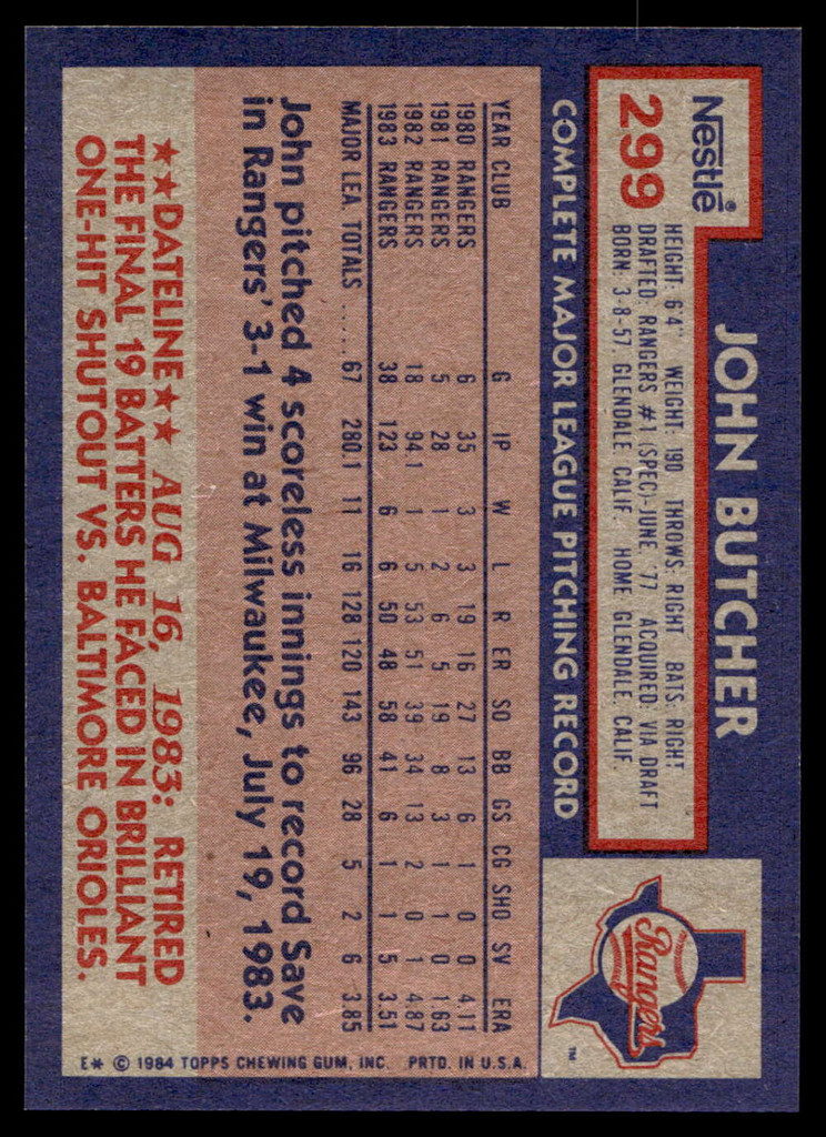 1984 Topps Nestle #299 John Butcher Near Mint+ 