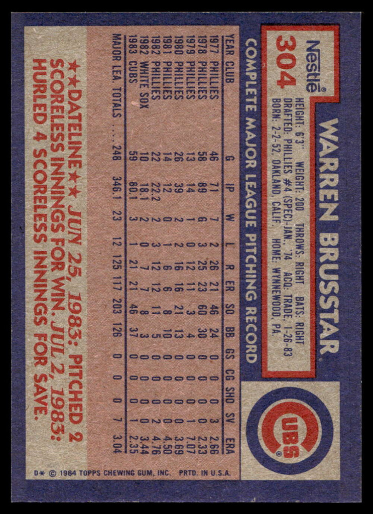 1984 Topps Nestle #304 Warren Brusstar Near Mint+ 