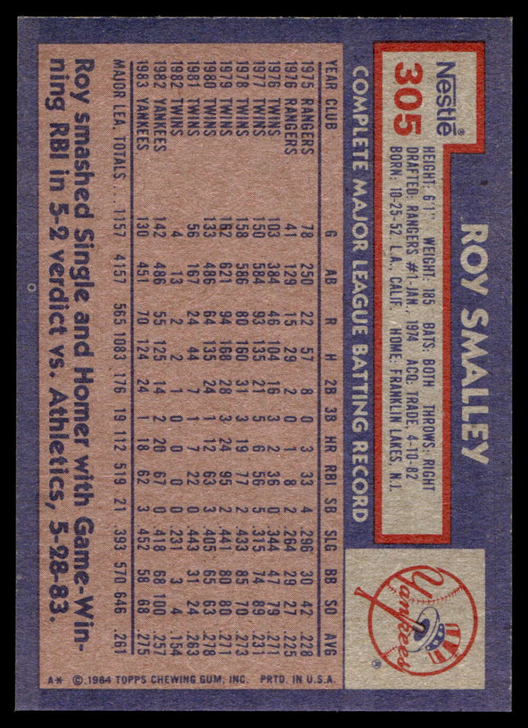 1984 Topps Nestle #305 Roy Smalley Near Mint+ 