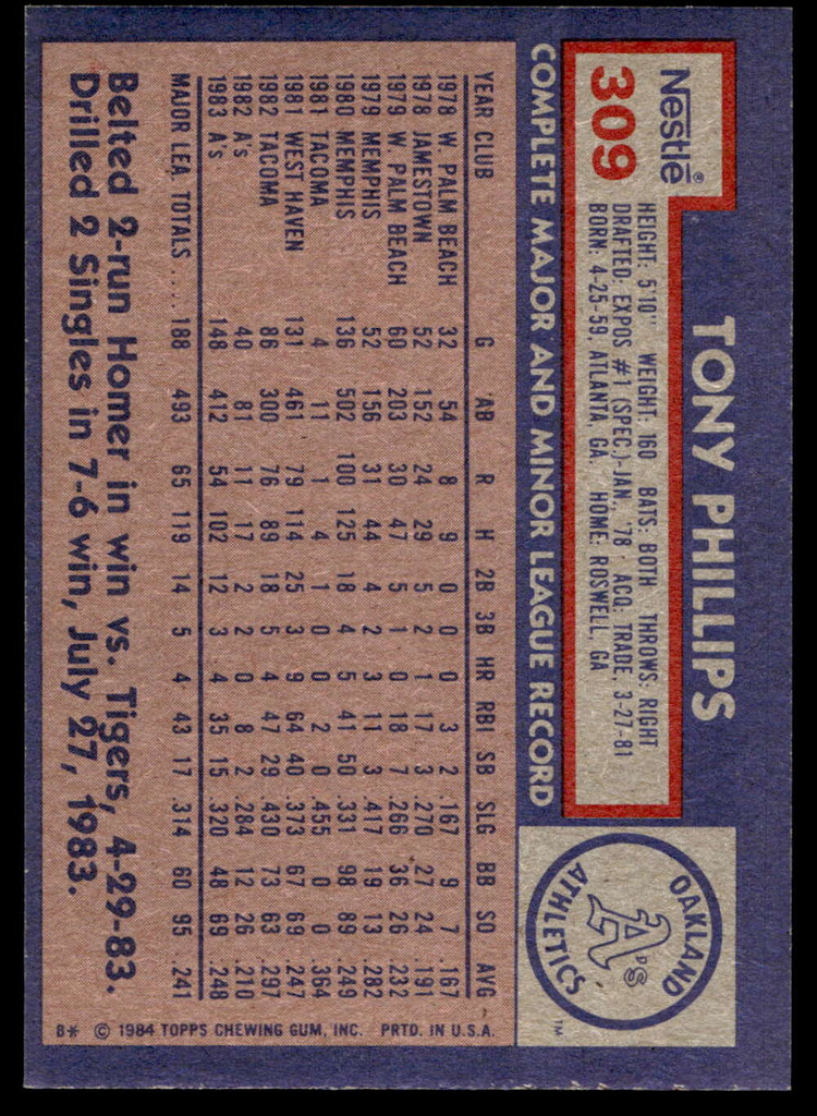 1984 Topps Nestle #309 Tony Phillips Near Mint+ RC Rookie 