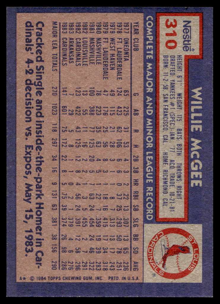 1984 Topps Nestle #310 Willie McGee Near Mint+ 