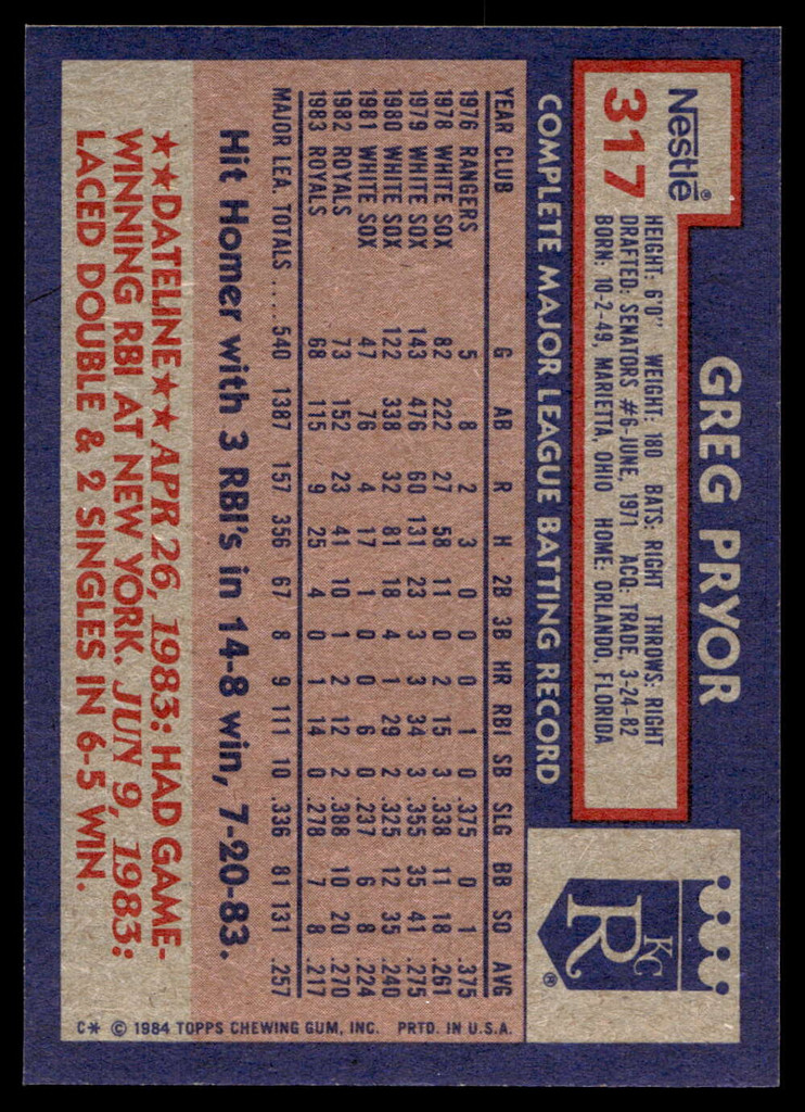 1984 Topps Nestle #317 Greg Pryor Near Mint+ 