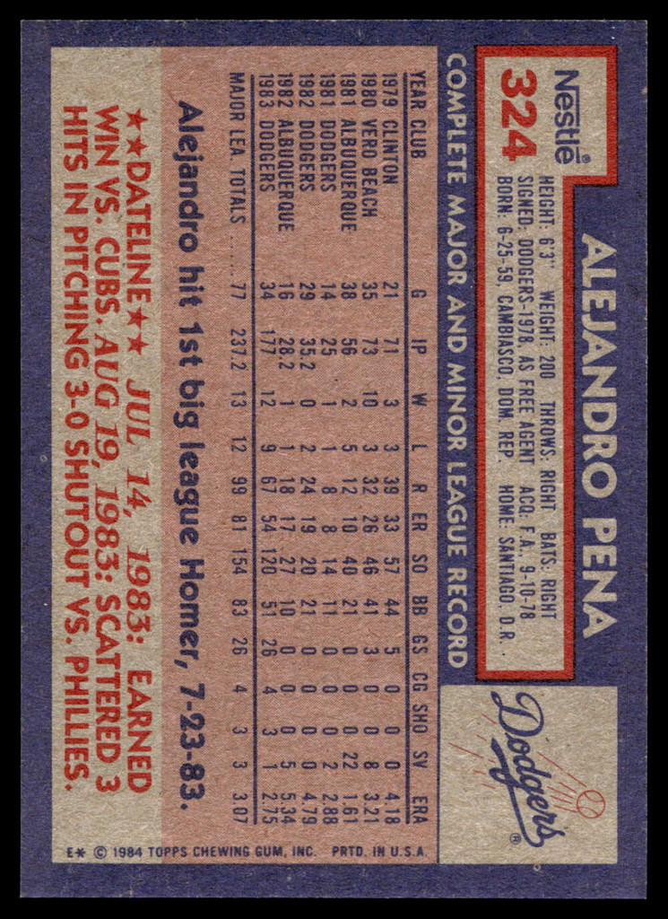 1984 Topps Nestle #324 Alejandro Pena Near Mint+ RC Rookie 