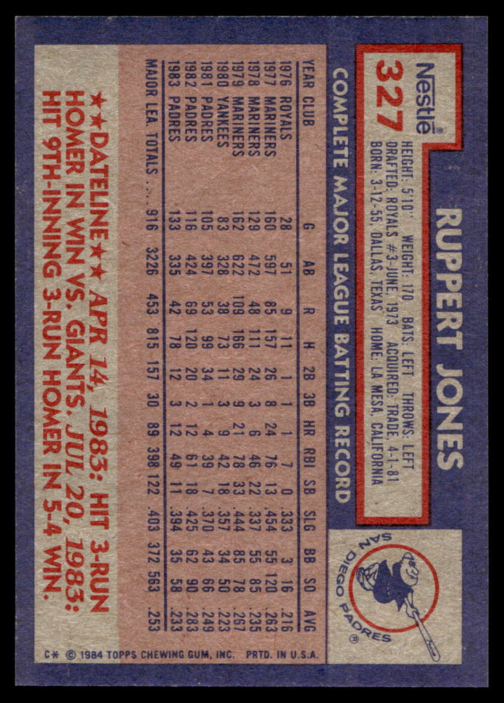 1984 Topps Nestle #327 Ruppert Jones Near Mint+ 