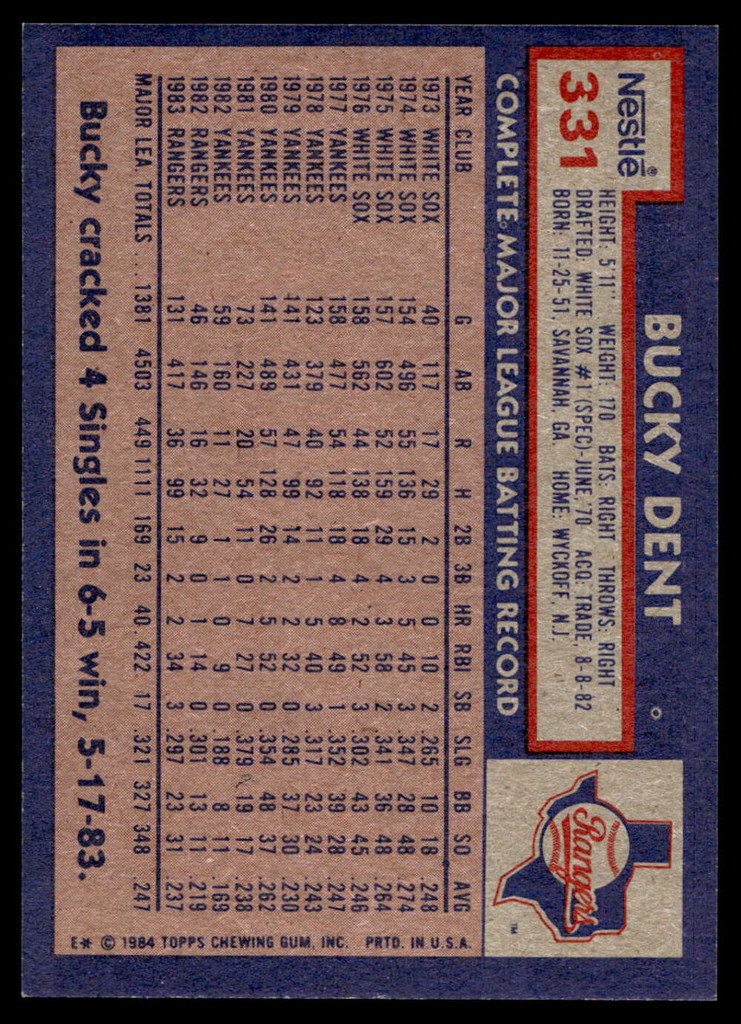 1984 Topps Nestle #331 Bucky Dent Near Mint+ 