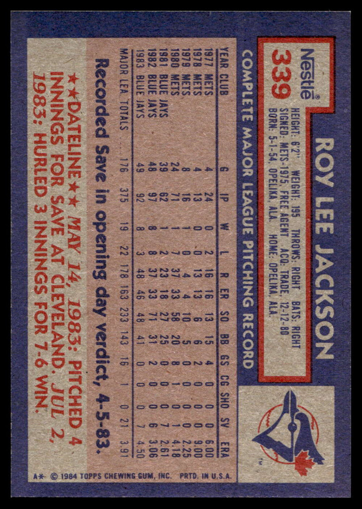 1984 Topps Nestle #339 Roy Lee Jackson Near Mint+ 