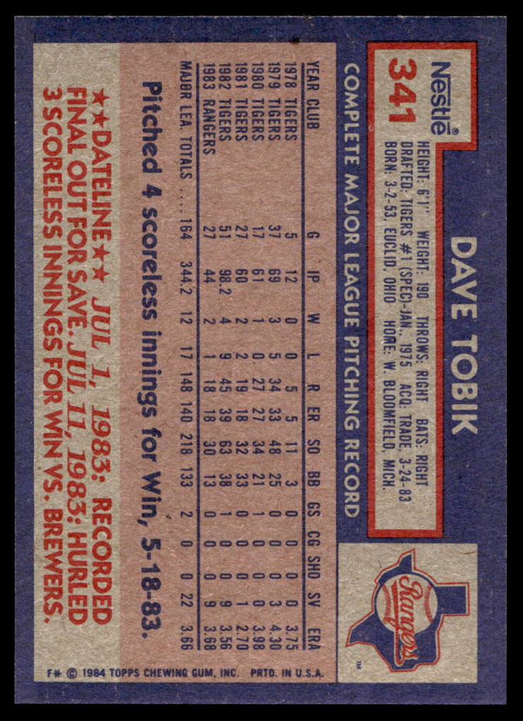 1984 Topps Nestle #341 Dave Tobik Near Mint+ 