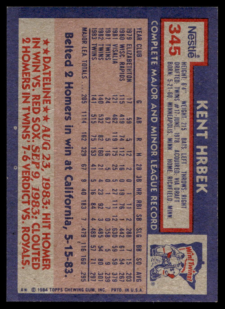 1984 Topps Nestle #345 Kent Hrbek Near Mint+  ID: 524392