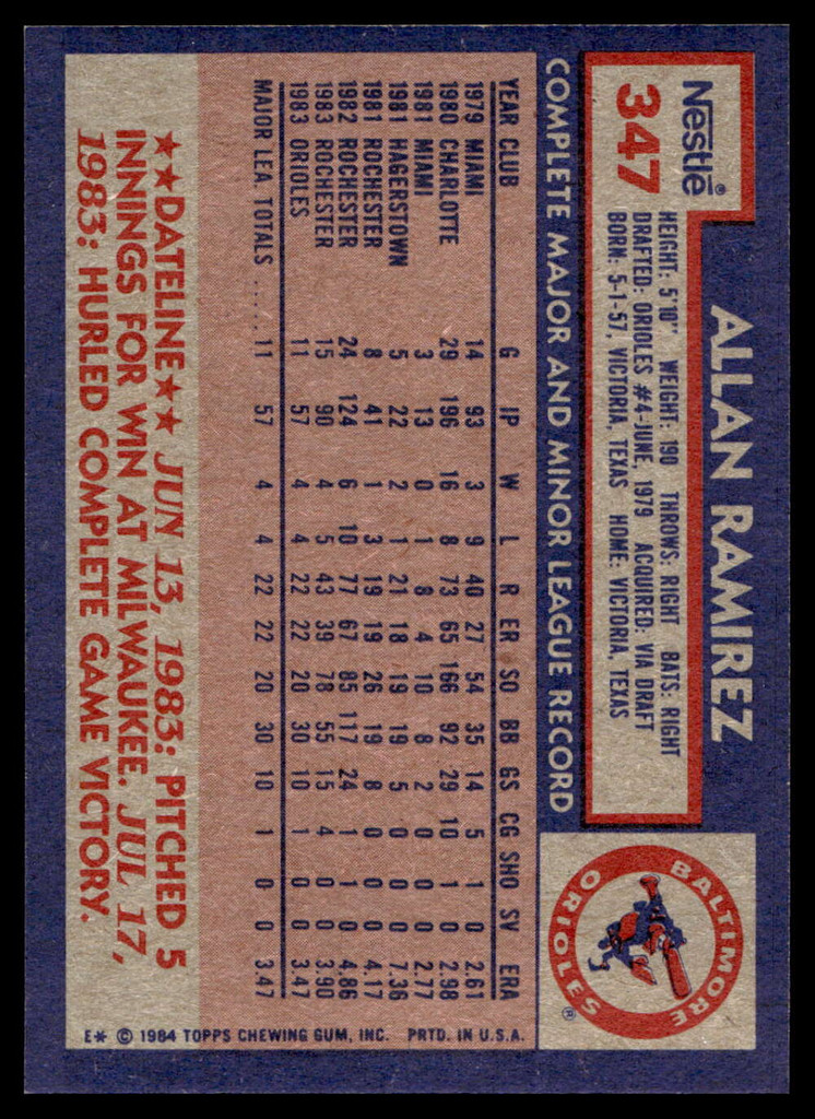 1984 Topps Nestle #347 Allan Ramirez Near Mint+ 