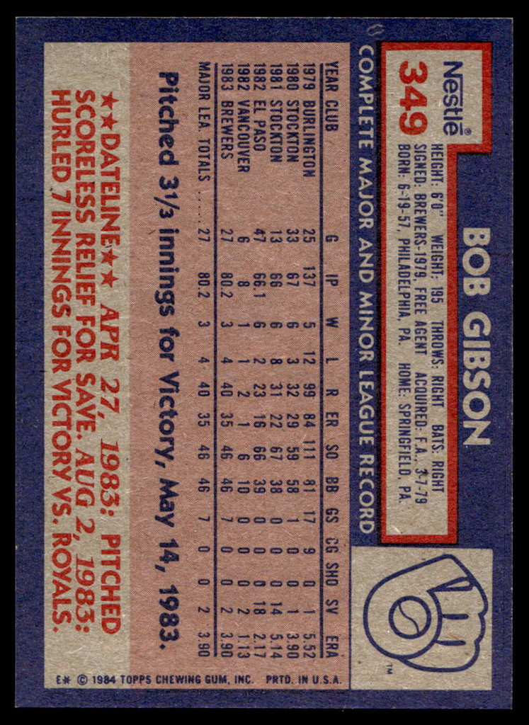 1984 Topps Nestle #349 Bob L. Gibson Near Mint+ RC Rookie 
