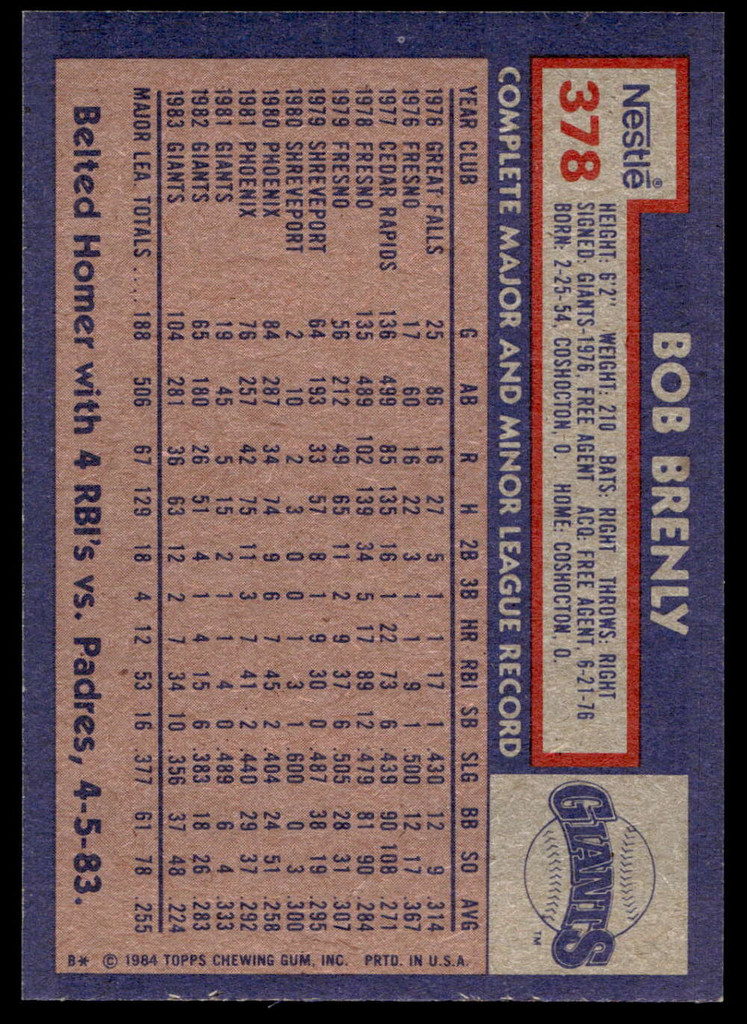 1984 Topps Nestle #378 Bob Brenly Near Mint+ 