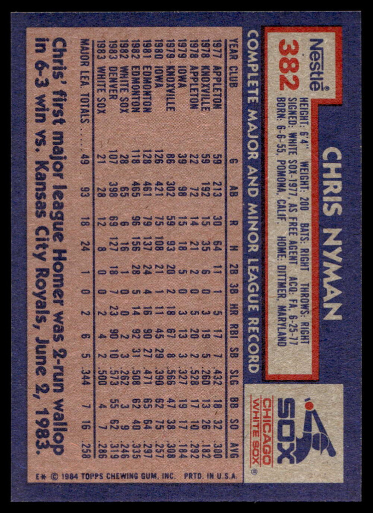 1984 Topps Nestle #382 Chris Nyman Near Mint+ 