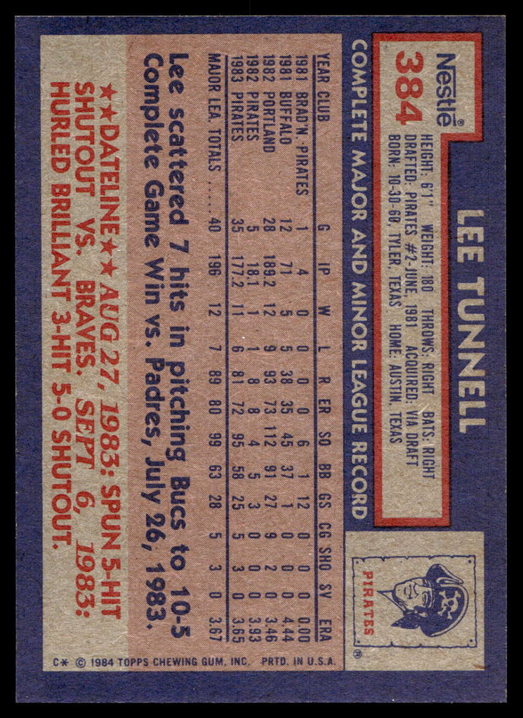 1984 Topps Nestle #384 Lee Tunnell Near Mint+ 