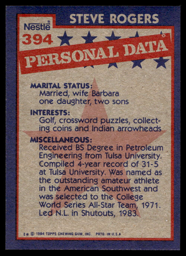 1984 Topps Nestle #394 Steve Rogers Near Mint+ 