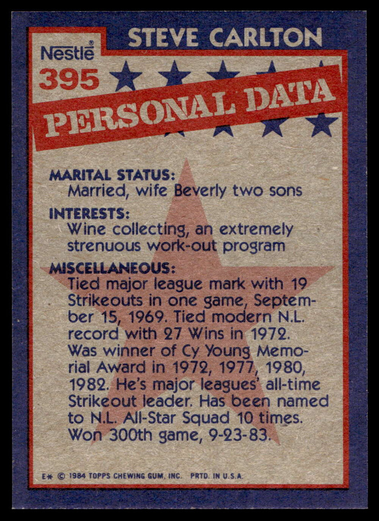 1984 Topps Nestle #395 Steve Carlton Near Mint+ 