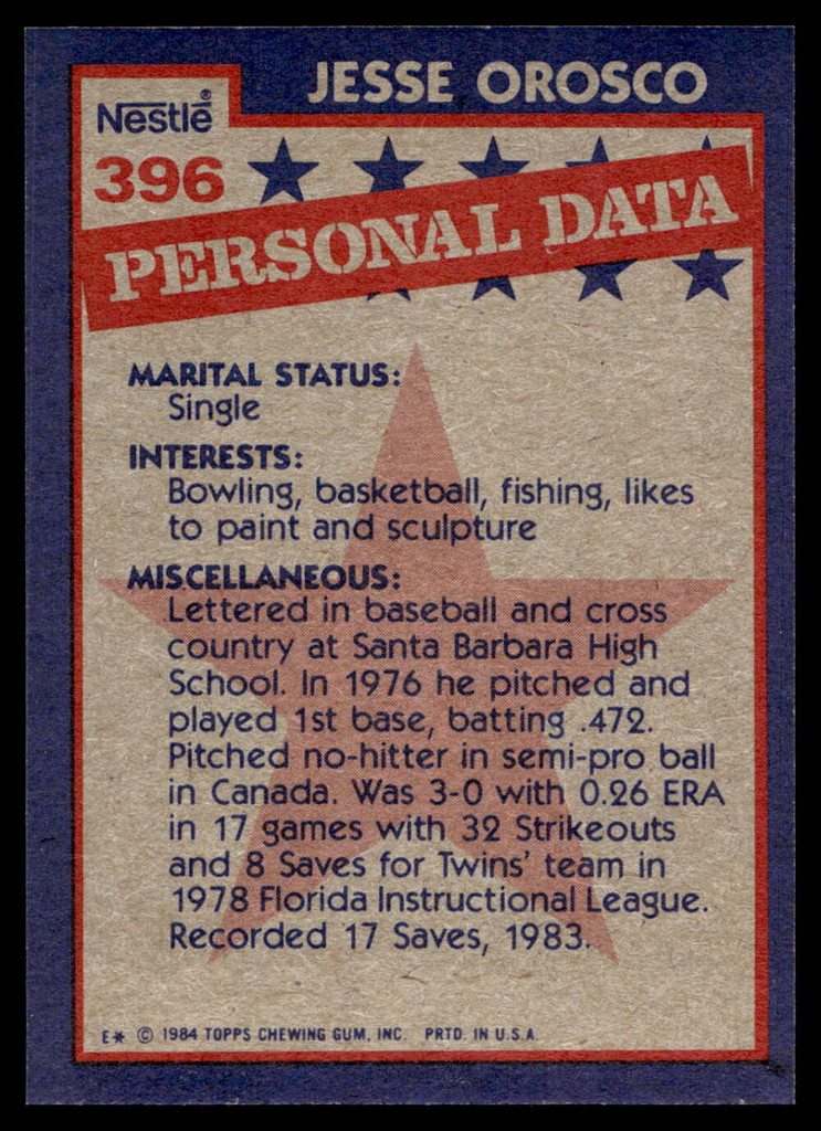 1984 Topps Nestle #396 Jesse Orosco Near Mint+ 