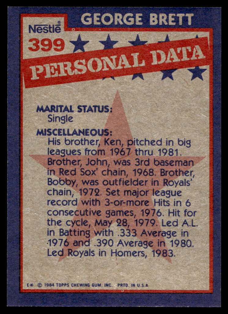1984 Topps Nestle #399 George Brett Near Mint+ 