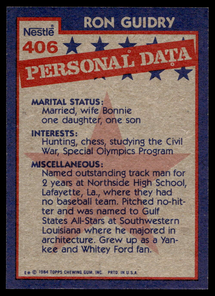 1984 Topps Nestle #406 Ron Guidry Near Mint+ 