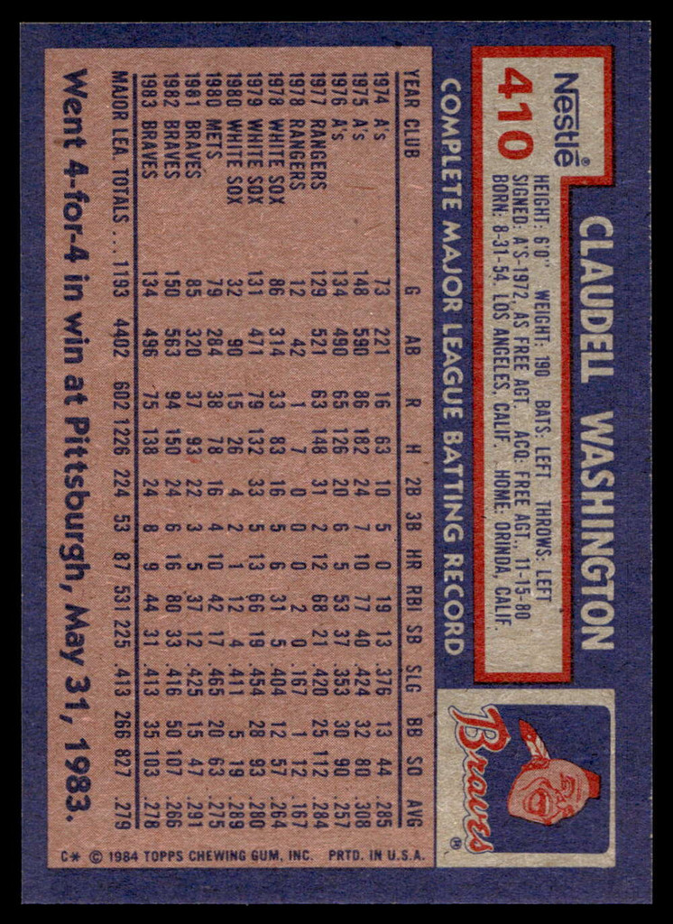 1984 Topps Nestle #410 Claudell Washington Near Mint+ 