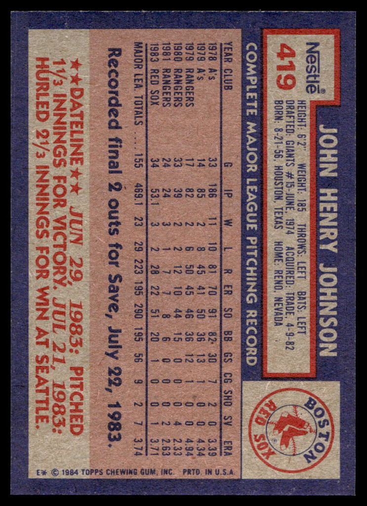 1984 Topps Nestle #419 John Henry Johnson Near Mint+ 