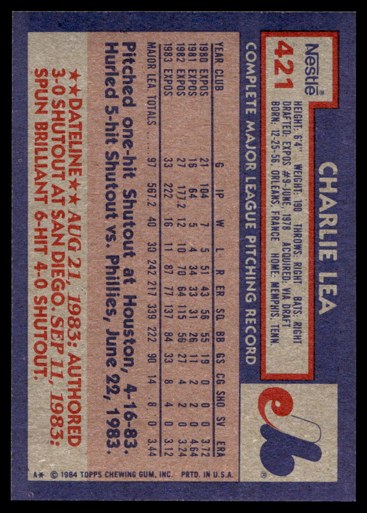1984 Topps Nestle #421 Charlie Lea Near Mint+ 