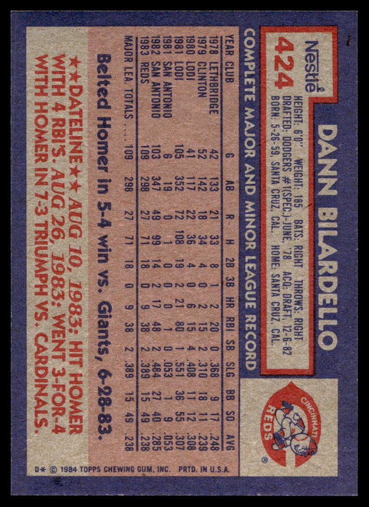 1984 Topps Nestle #424 Dann Bilardello Near Mint+ 