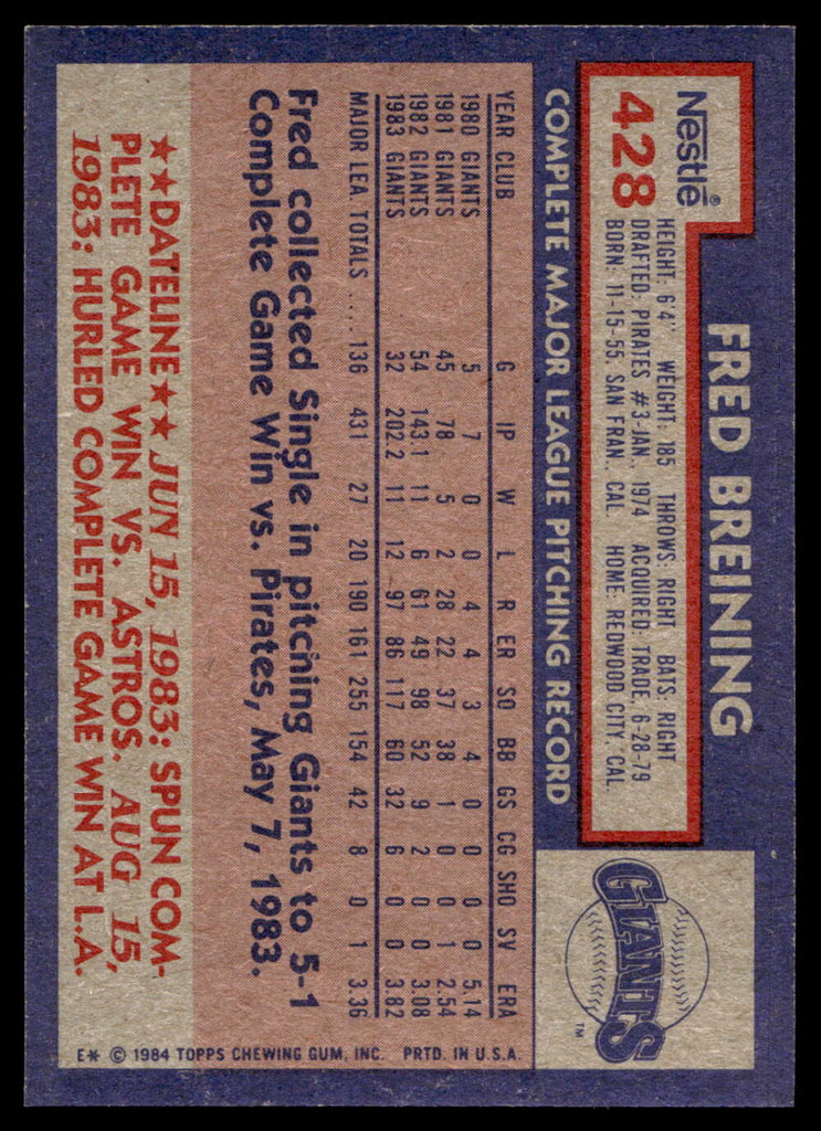 1984 Topps Nestle #428 Fred Breining Near Mint+  ID: 524470