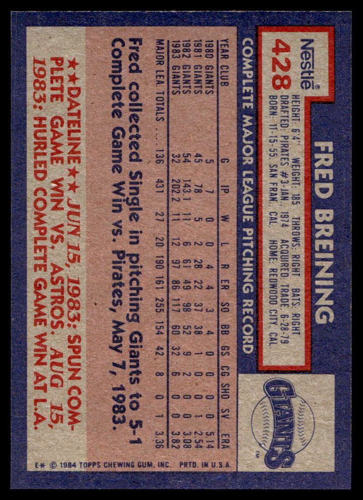 1984 Topps Nestle #428 Fred Breining Near Mint+  ID: 524471