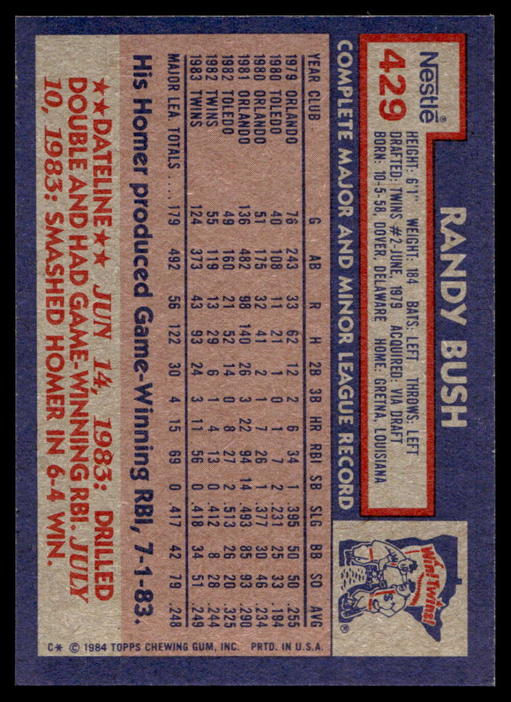 1984 Topps Nestle #429 Randy Bush Near Mint+ 