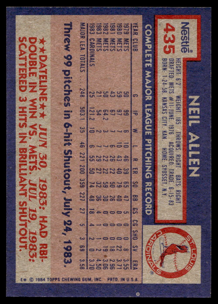 1984 Topps Nestle #435 Neil Allen Near Mint+ 
