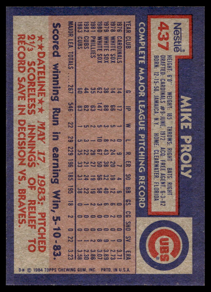 1984 Topps Nestle #437 Mike Proly Near Mint+ 