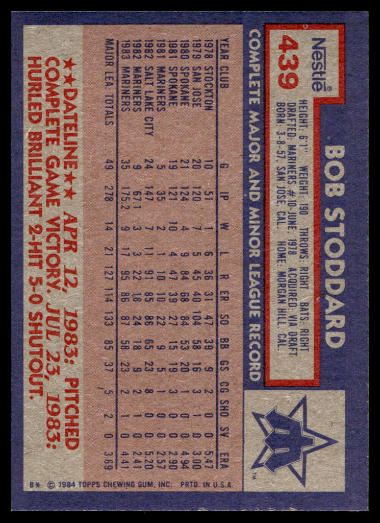 1984 Topps Nestle #439 Bob Stoddard Near Mint+ 