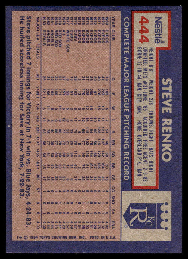 1984 Topps Nestle #444 Steve Renko Near Mint+ 