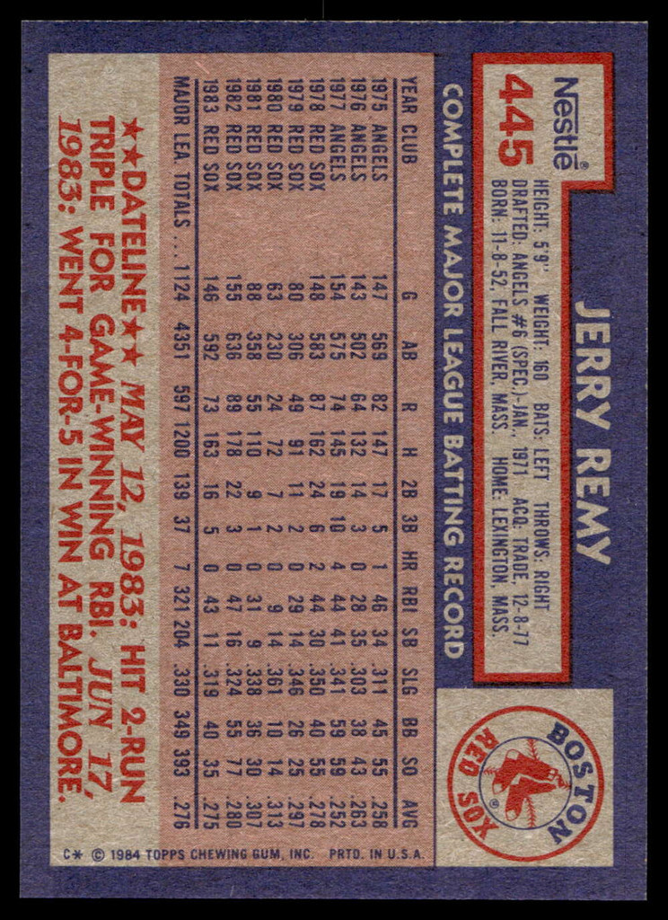 1984 Topps Nestle #445 Jerry Remy Near Mint+ 