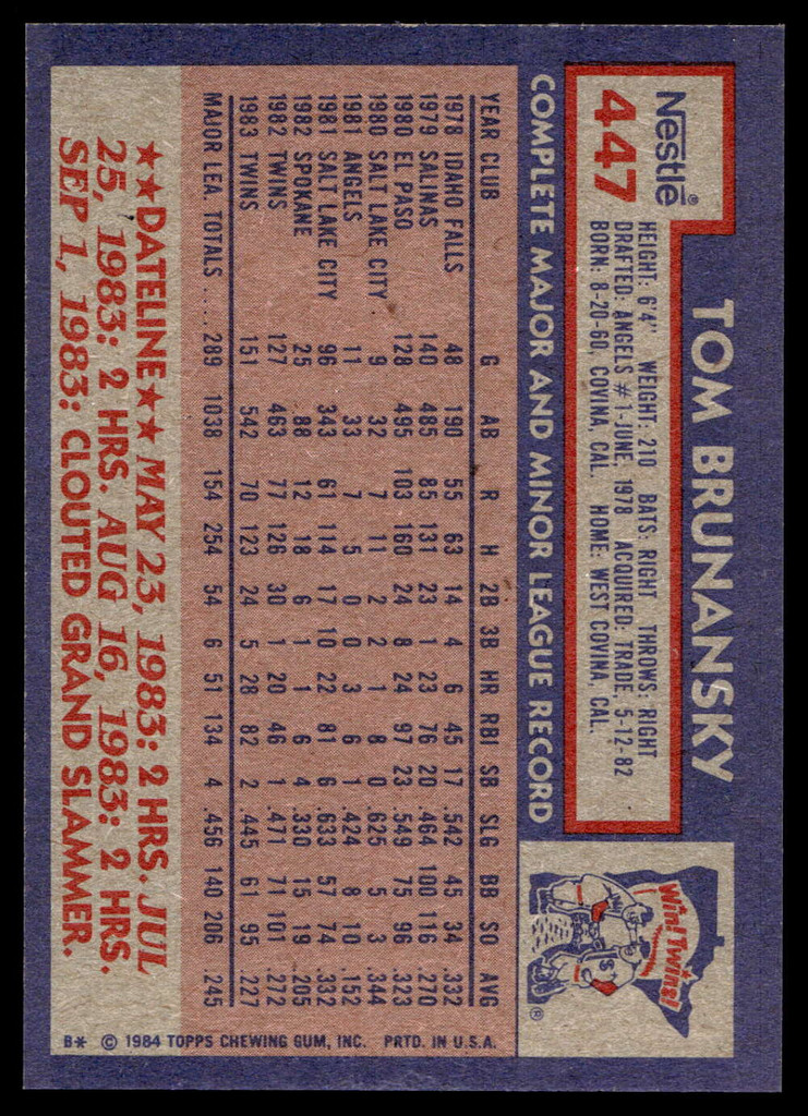 1984 Topps Nestle #447 Tom Brunansky Near Mint+ 