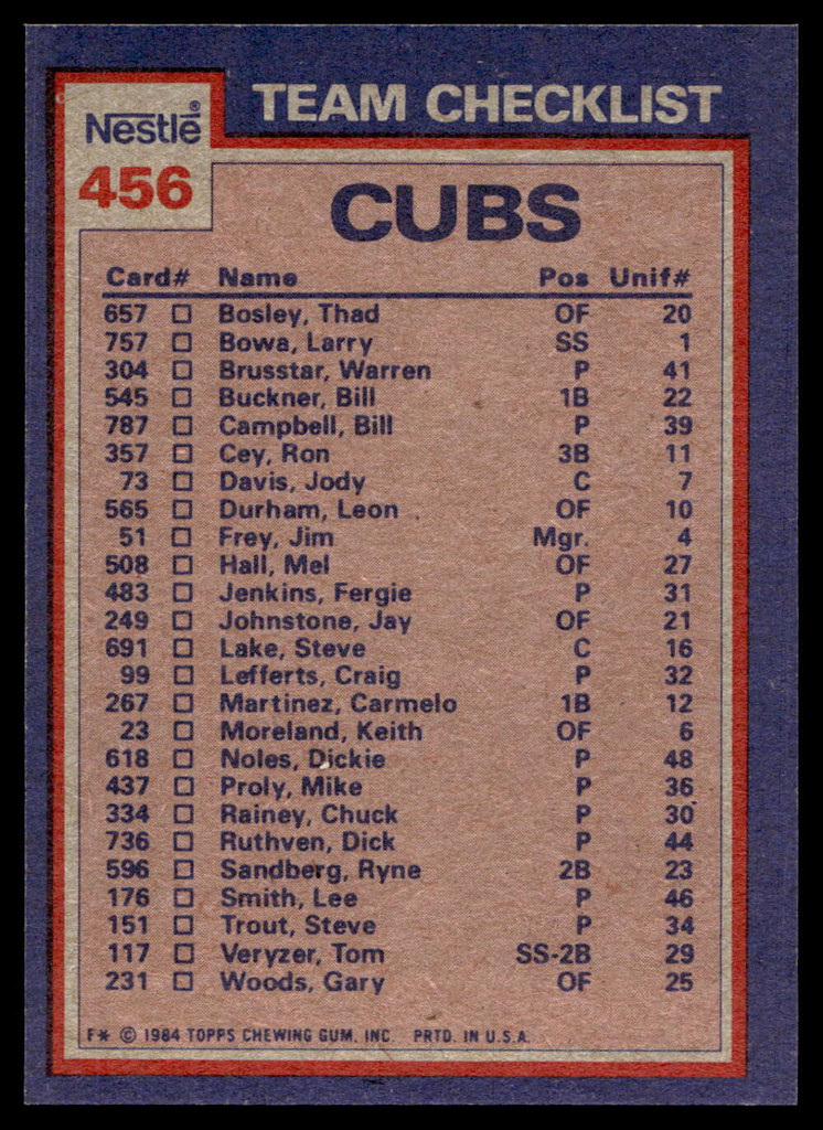 1984 Topps Nestle #456 Fergie Jenkins/Keith Moreland Near Mint+ 