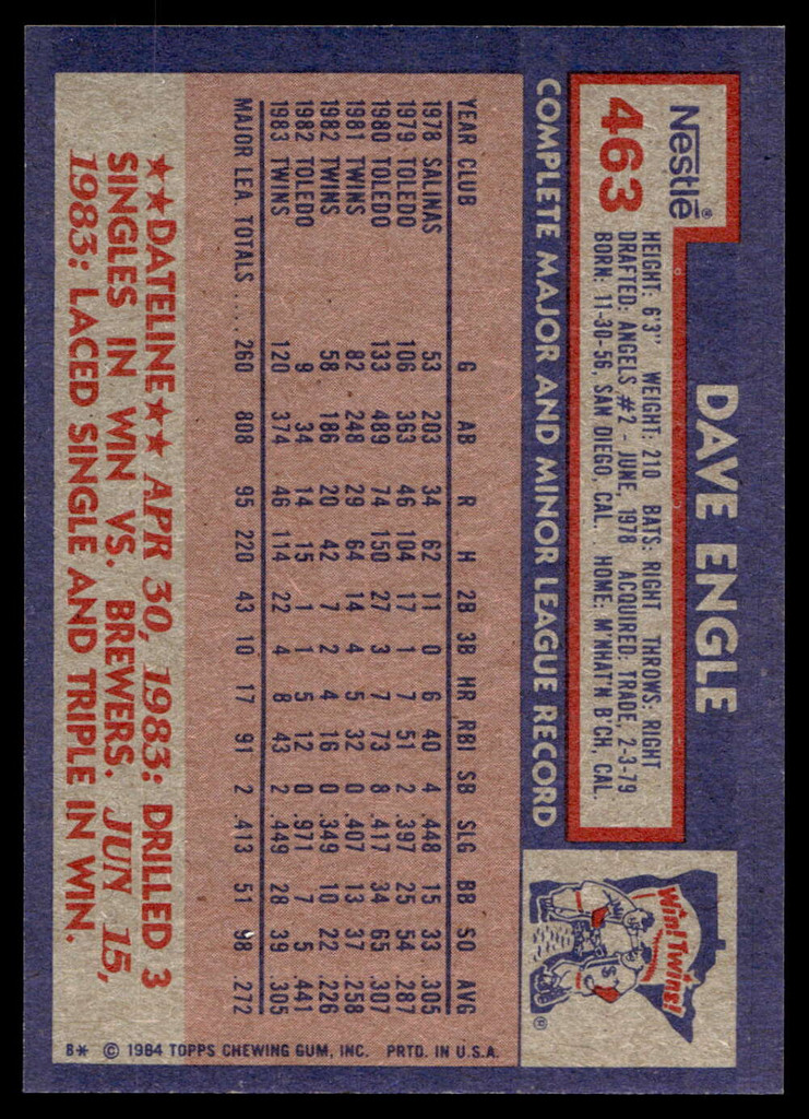 1984 Topps Nestle #463 Dave Engle Near Mint+ 