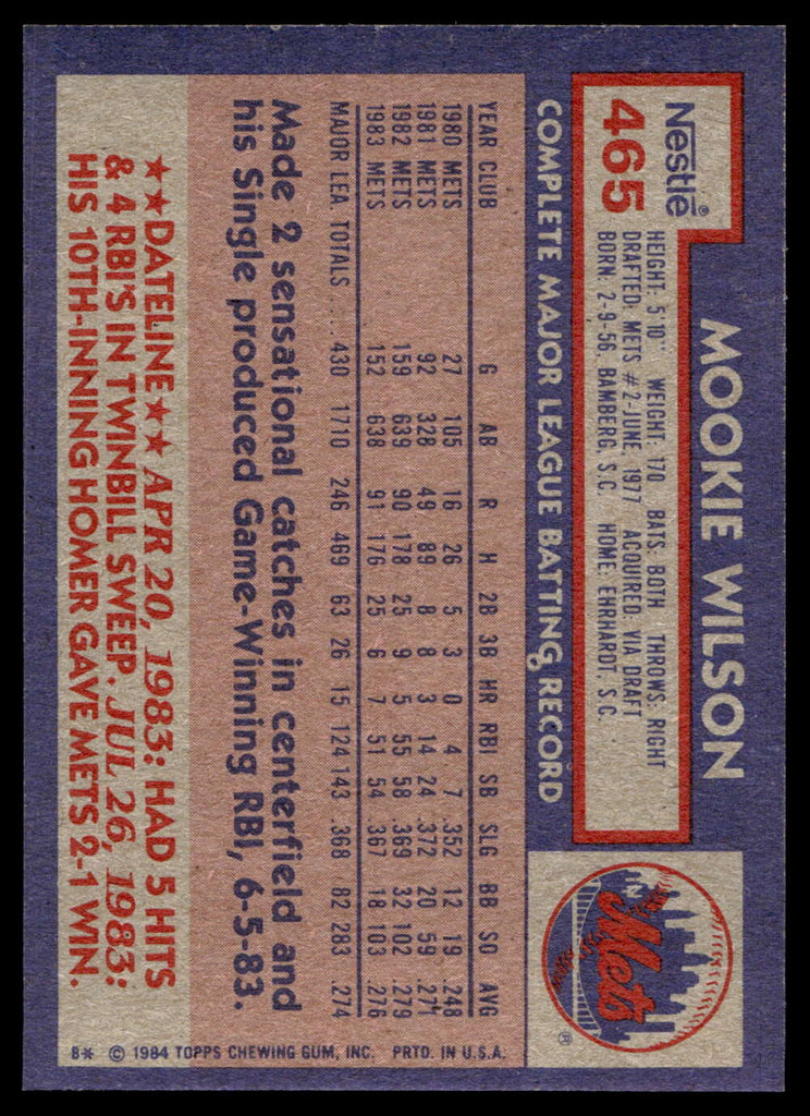 1984 Topps Nestle #465 Mookie Wilson Near Mint+ 