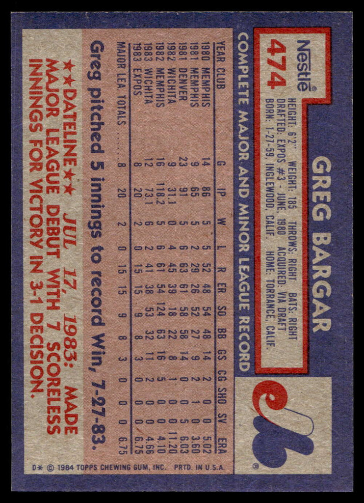 1984 Topps Nestle #474 Greg Bargar Near Mint+ 
