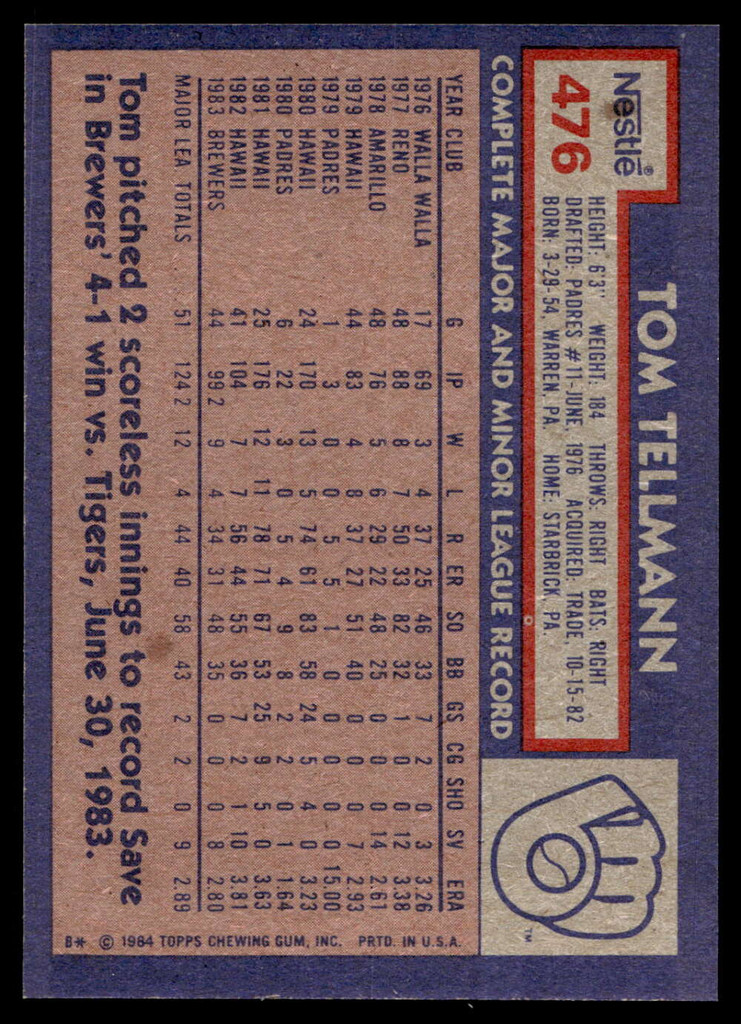 1984 Topps Nestle #476 Tom Tellmann Near Mint+ 