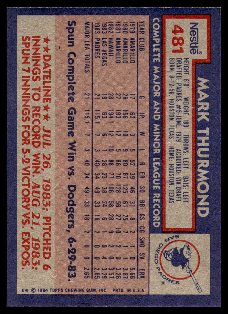 1984 Topps Nestle #481 Mark Thurmond Near Mint+ 