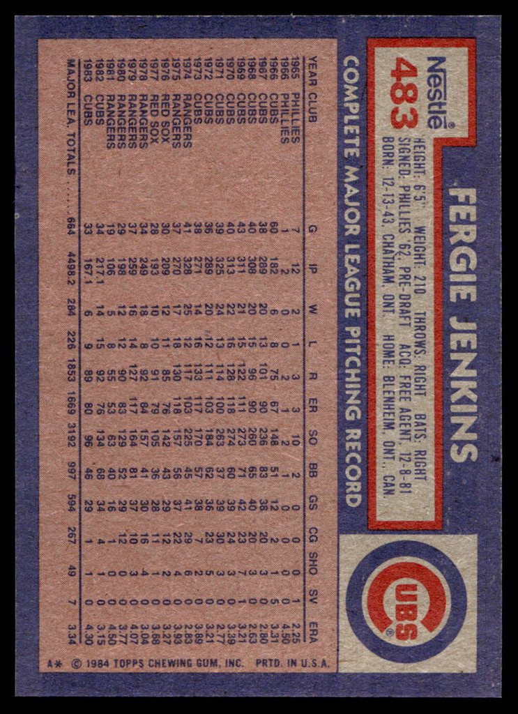 1984 Topps Nestle #483 Fergie Jenkins Near Mint+ 