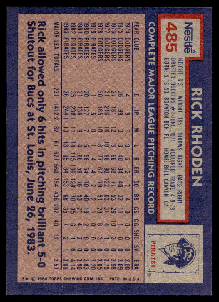 1984 Topps Nestle #485 Rick Rhoden Near Mint+ 
