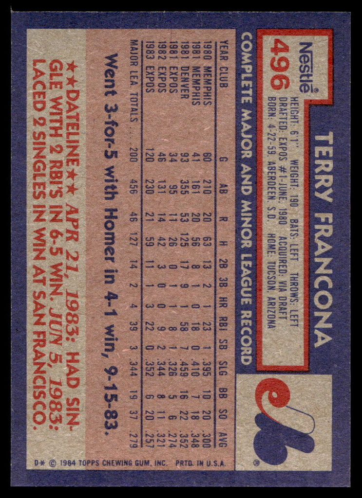 1984 Topps Nestle #496 Terry Francona Near Mint+ 