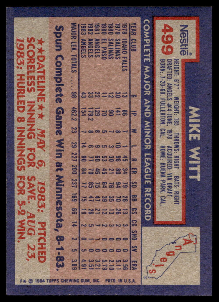 1984 Topps Nestle #499 Mike Witt Near Mint+ 