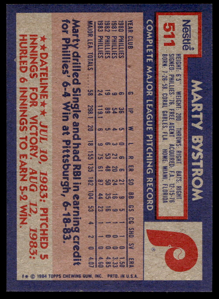 1984 Topps Nestle #511 Marty Bystrom Near Mint+ 