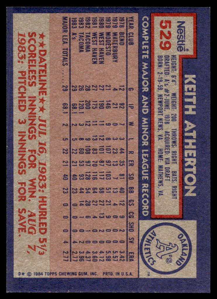 1984 Topps Nestle #529 Keith Atherton Near Mint+ 